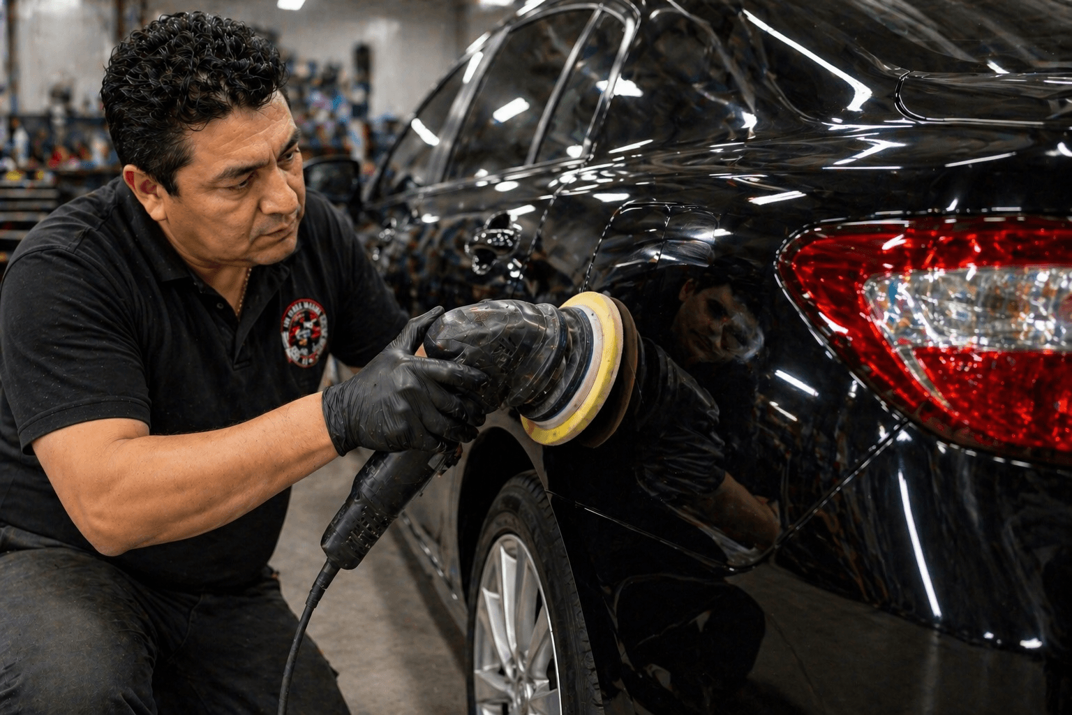 Isidro polishing a freshly painted panel at Isidro Gonzalez Collision & Paint