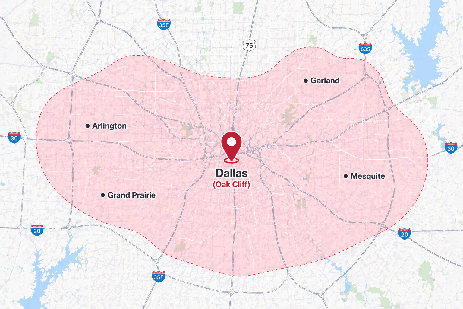 Service area map covering Dallas (Oak Cliff), Grand Prairie, Arlington, Mesquite, Garland, Richardson