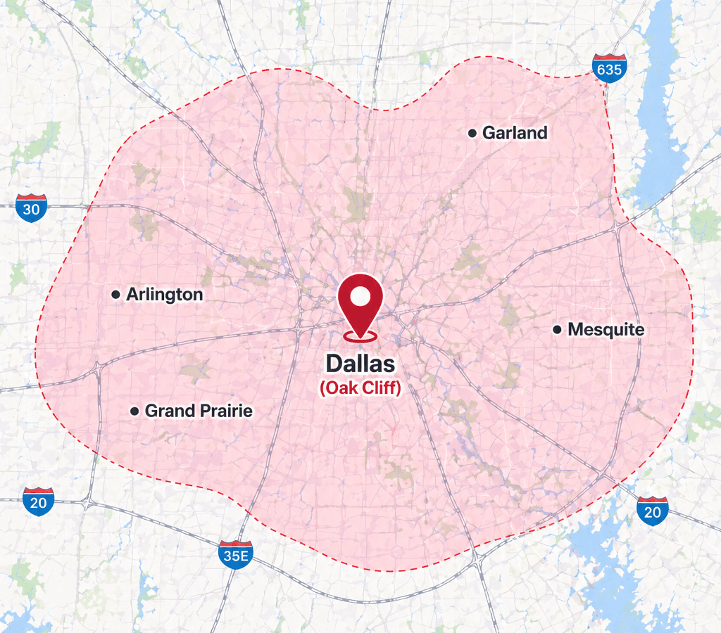 Service area map covering Dallas (Oak Cliff), Grand Prairie, Arlington, Mesquite, Garland, Richardson